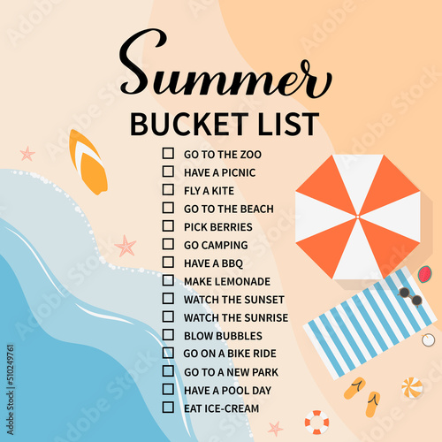 Summer bucket list. Funny things to do checklist. Seasonal activity planner  page. Vacations wish list. Easy to edit vector template Stock Vector