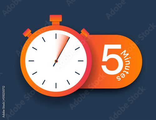 Stopwatch icon 5 minutes. Timer for setting deadlines, managing time and building efficient workflow. Applications and programs for hardworking employees, motivation. Cartoon flat vector illustration