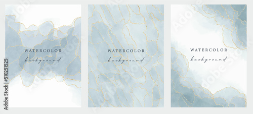 Set of vector watercolour universal backgrounds with gold glitter and copy space for text
