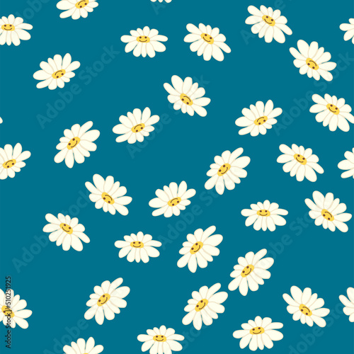 Groovy daisy retro seamless pattern. Positive colorful iilustration. 70s vibe hippie ornament.