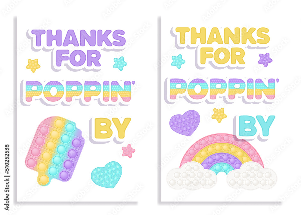 Set of two Birthday favor tags popi it fidget toy vector design with illustrations and text. Happy Birthday gift printable cards or labels in pastel popit style. Ice cream design as a trendy silicone