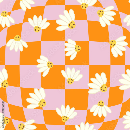 Retro Smile Chamomile Seamless Pattern on 1970 Wavy Swirl Seamless Pattern. Hippie Aesthetic.