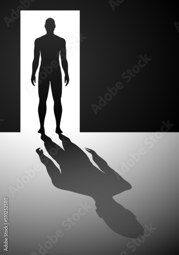 A naked man standing in a bright opened door dropping a big shade on the floor of the room. Psychological concept vector illustration.
