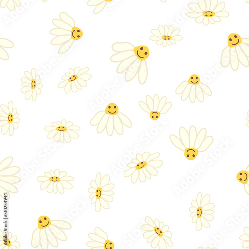 Groovy daisy retro seamless pattern. 70s vibe hippie ornament. Floral wallpaper.