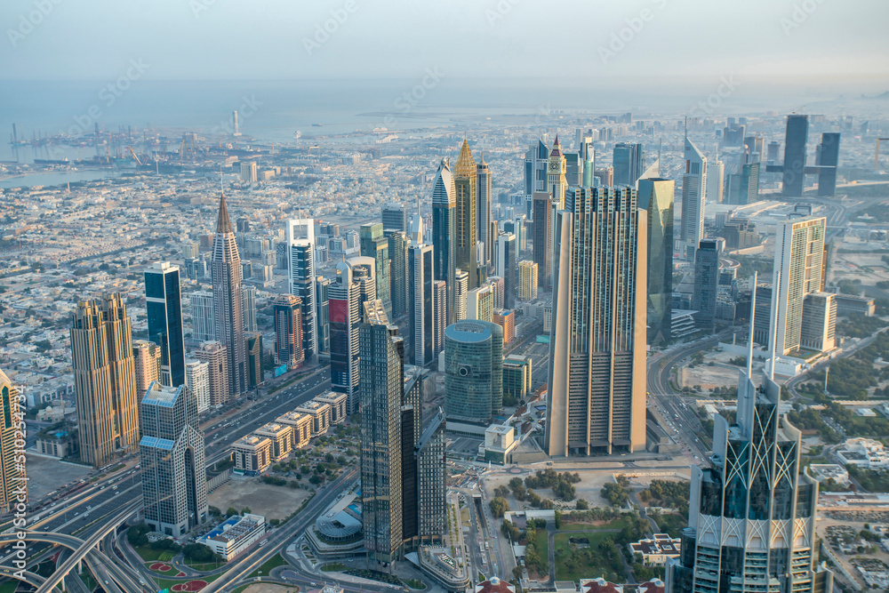 Fototapeta premium View of Dubai business or financial center district from above