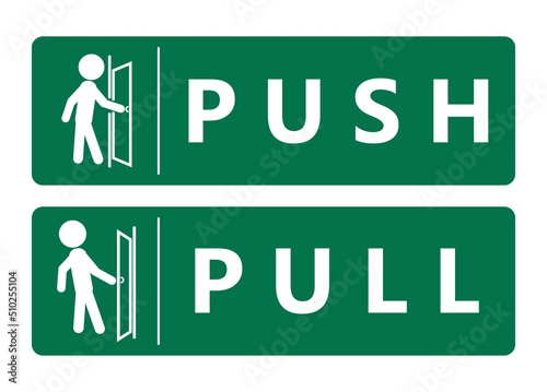 Vector illustration sticker label template of stickman figure push and pull to open door in green horizontal label