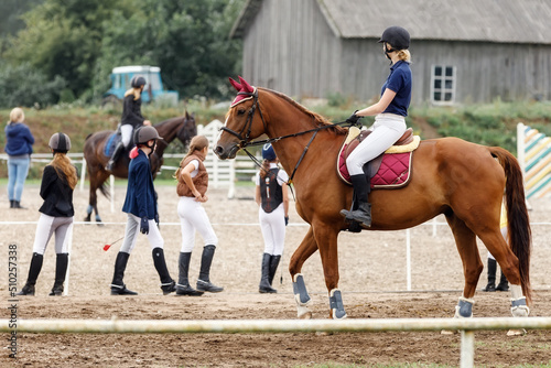 Equestrian sport - young girl rides on horse. © Linas T