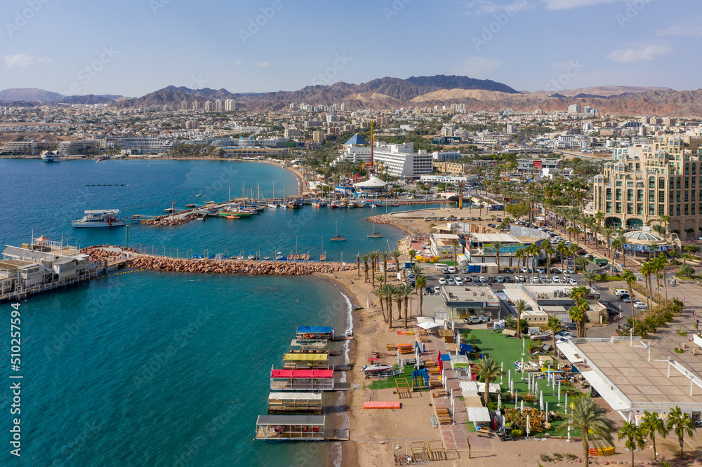 Drone view of Eilat city and Shoreline Eilat And coastline, Israel