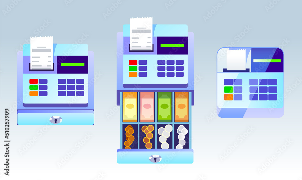 A set of cash register icons, cash register machines with banknotes and coins inside. Vector illustration. A set of cash register icons, cash register machines with banknotes and coins inside. Vector illustration.