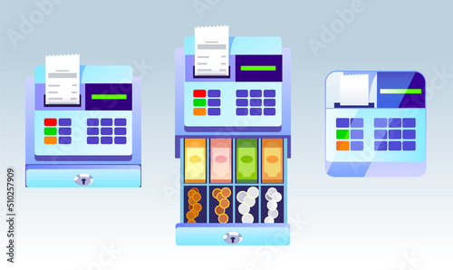 A set of cash register icons, cash register machines with banknotes and coins inside. Vector illustration.