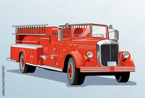 Tela Vintage red fire truck on a street. Vector illustration.