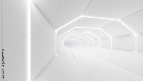 Interior background glowing arched openings in empty room 3d rendering