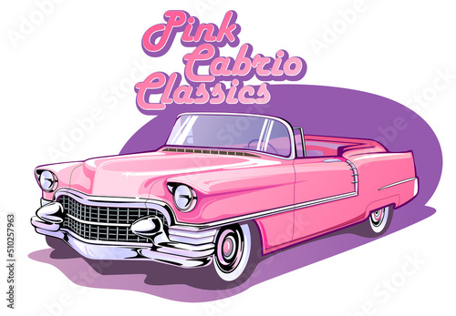 Vintage cabriolet with pink advertising text, a classic roadster from the 60's vector illustration © StanMikov 