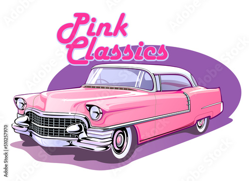 Vintage car with pink advertising text, a classic car from the 60's vector illustration