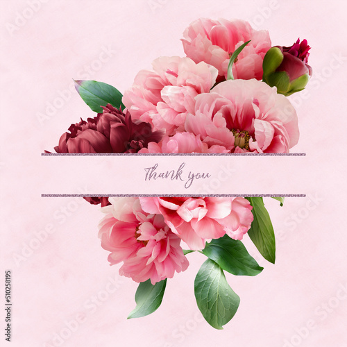 Fototapeta Naklejka Na Ścianę i Meble -  Floral card with copy space. Pink and red peony on pastel textured grange background. Bouquet of garden flowers.