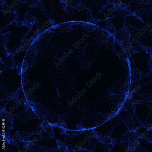 Warp surface with round place for text in the middle. Wave of particles with sphere. Abstract background with a dynamic wave. Big data. 3d rendering.