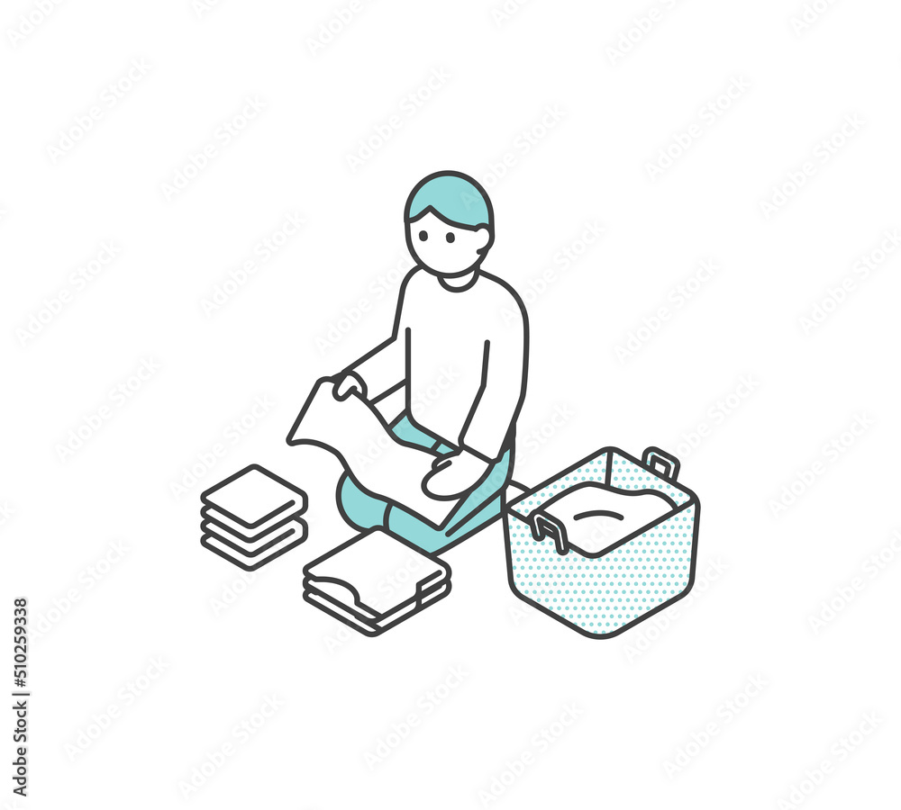 洗濯物をたたむ男性のアイソメイラスト素材