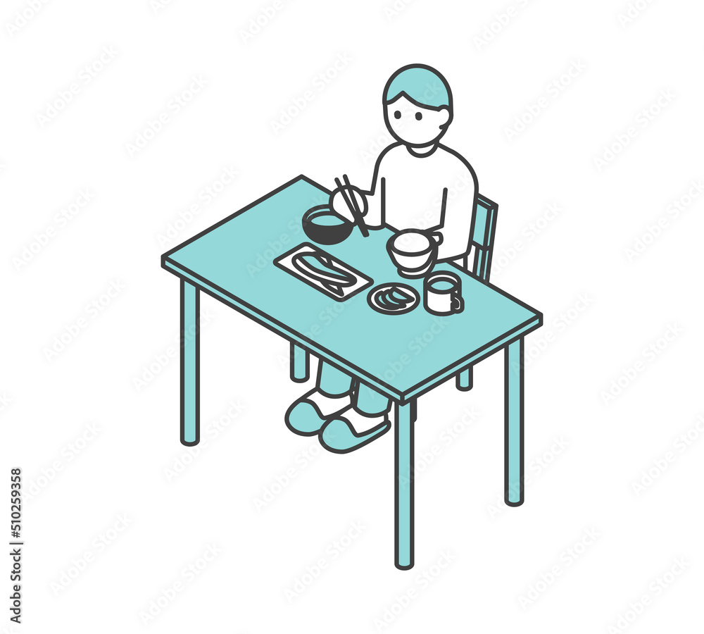 Fototapeta premium 食事する男性のアイソメイラスト素材