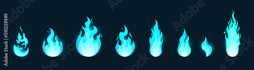 Different fire set. Blue flame collection, social network stickers. Gas effect and danger zone on map. Interface for game development. Cartoon flat vector illustrations isolated on blue background