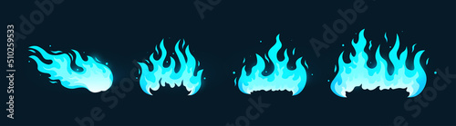 Different fire set. Blue flame collection, effects for games development, graphic elements for website. Hot spots and danger zone on map. Cartoon flat vector illustrations isolated on blue background