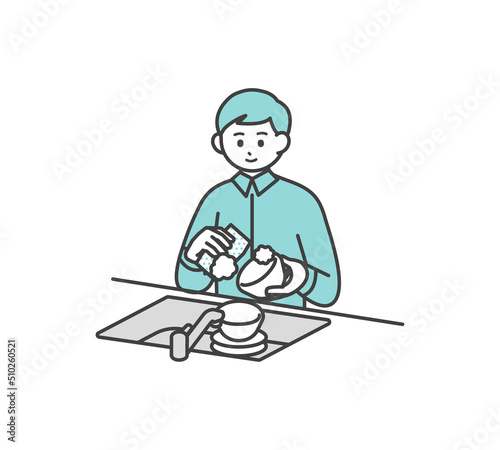 食器を洗う男性のイラスト素材