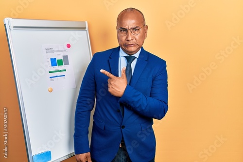 Middle age latin man wearing business clothes on chart presentation pointing aside worried and nervous with forefinger, concerned and surprised expression