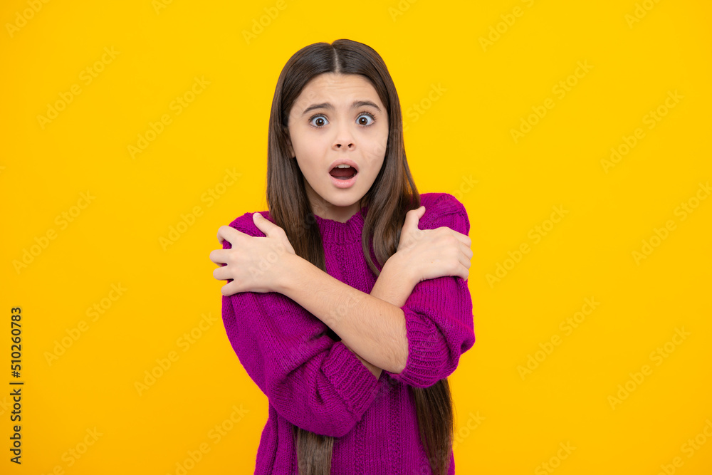 Surprised emotions of young teenager girl. Teenager child girl with shocked facial expression. Surprised face expression, isolated on yellow background. Funny surprise. Surprised emotions of young teenager girl. Teenager child girl with shocked facial expression. Surprised face expression, isolated on yellow background. Funny surprise.