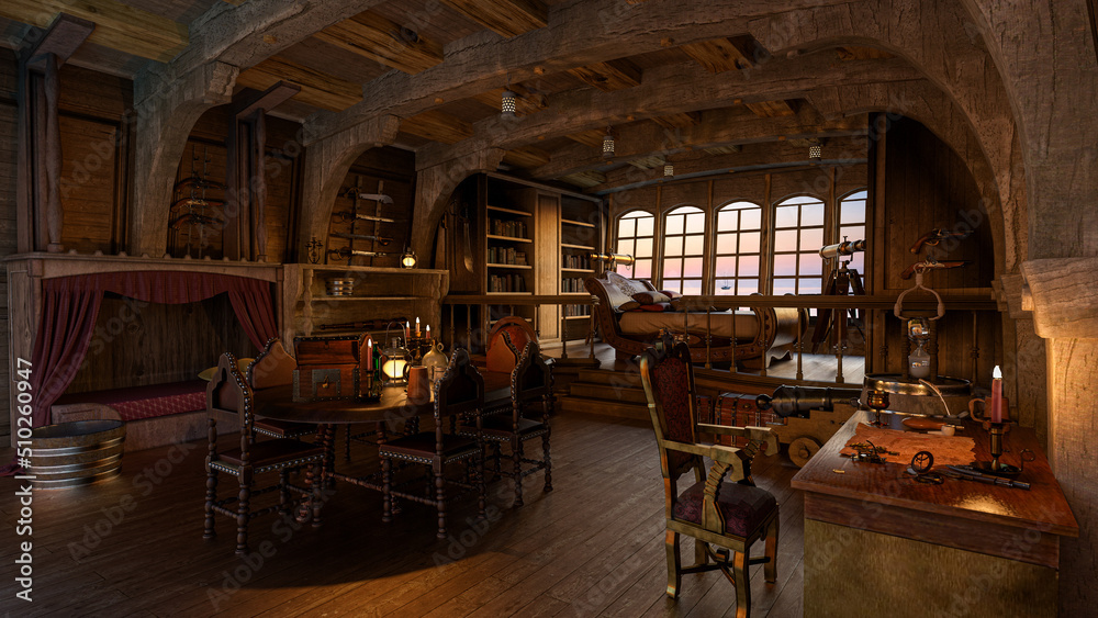 Naklejka premium Old wooden pirate ship captain's cabin interior. 3D rendering.