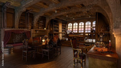 Old wooden pirate ship captain's cabin interior. 3D rendering.