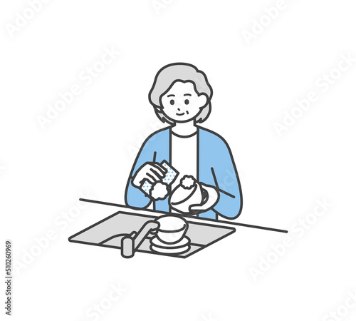 食器を洗う高齢女性のイラスト素材