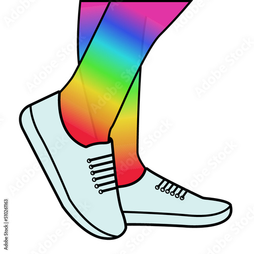 Feet in socks are painted in rainbow colors, feet in sneakers. Vector drawing.