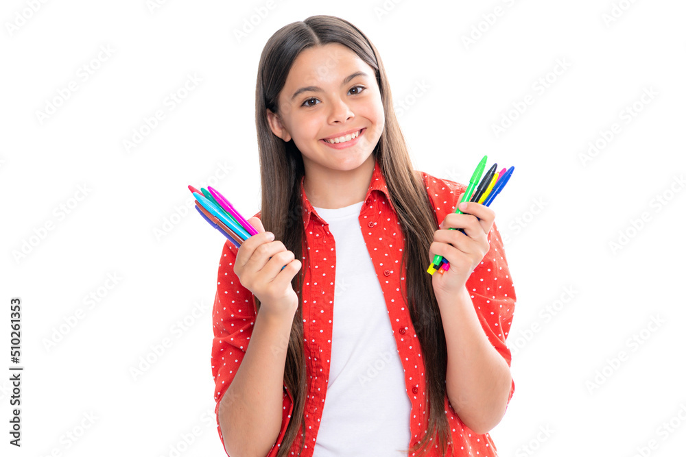 School girl with colorful pencils isolated on white background. Portrait of happy smiling teenage child schoolgirl. School girl with colorful pencils isolated on white background. Portrait of happy smiling teenage child schoolgirl.