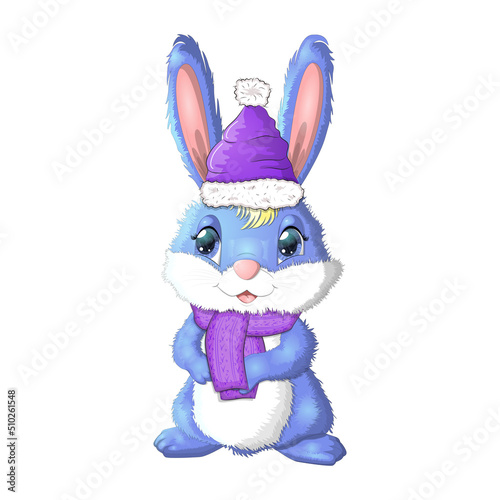 Cute cartoon rabbit in a hat and fur coat, scarf. Winter 2023, Christmas and New Year