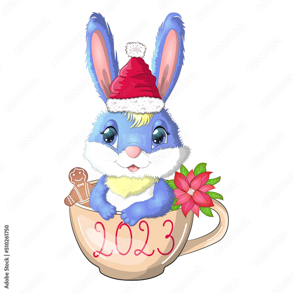 A cute cartoon rabbit in a Santa hat sits in a cup with cookies and poinsettia. Winter 2023, Christmas and New Year