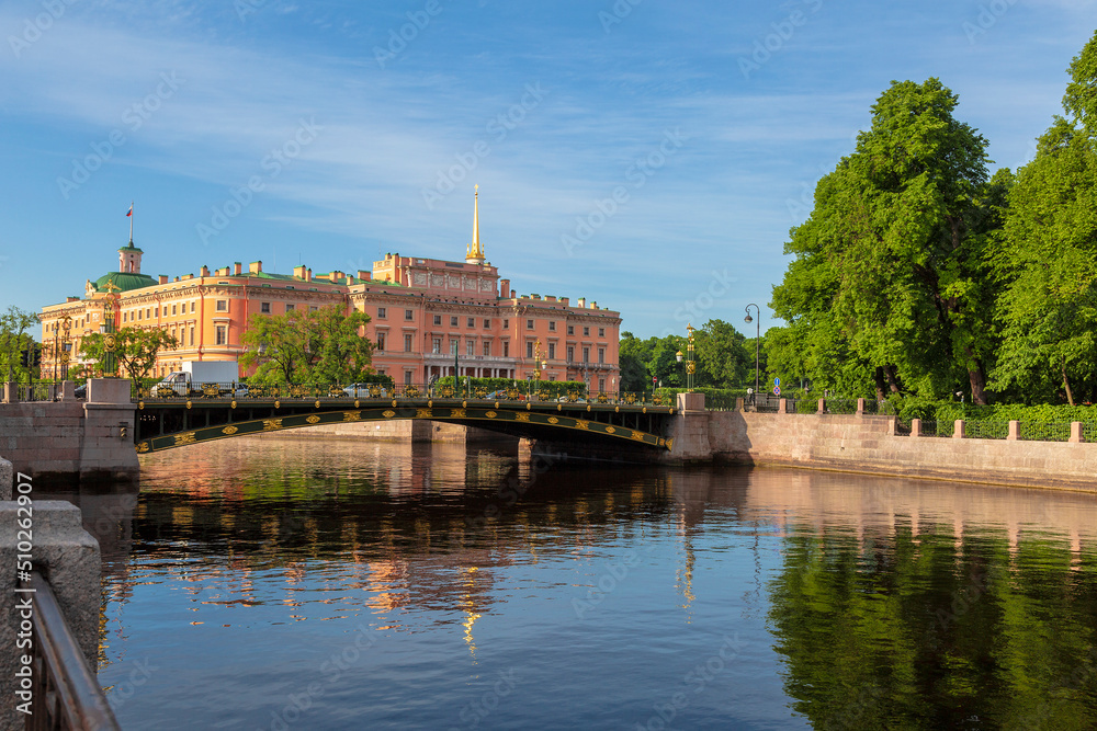 View of the Mikhailovsky Castle on the Moika River and the Panteleimonovsky Bridge. Saint-Petersburg, Russia