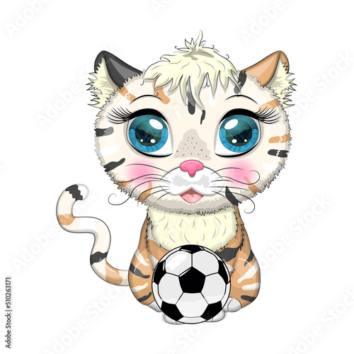 Cartoon cat with a soccer ball. Summer, vacation. Cute child character, symbol of 2023 new chinese year