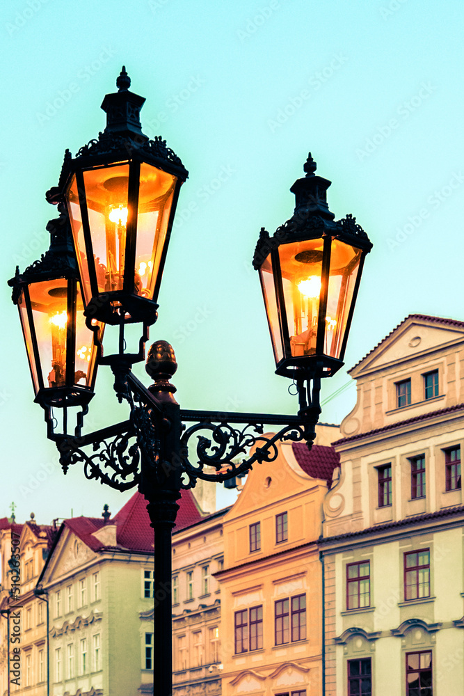 Close-up city lantern on Prague Old Town Square, Czech Republic. Architecture and landmark of Prague.