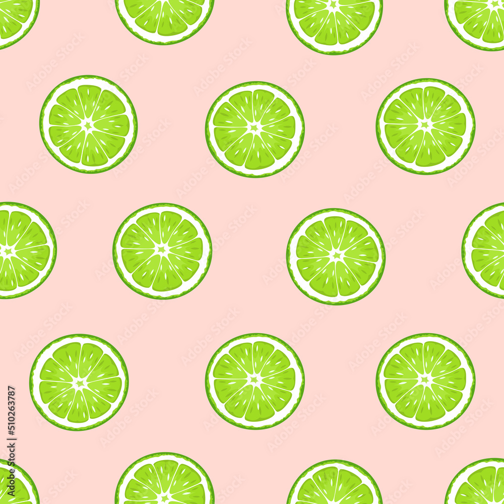 Seamless pattern with green lime fruit on a pink background. Vector illustration