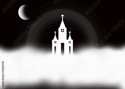 Church above the clouds at night with a crescent moon