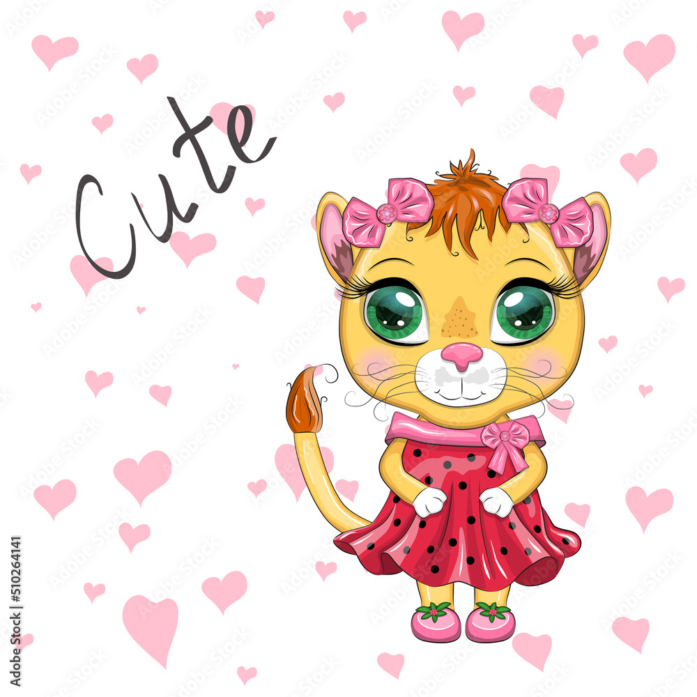 Fototapeta premium Cartoon lioness in a beautiful dress with bows and flowers. Girl character, wild animal with human traits