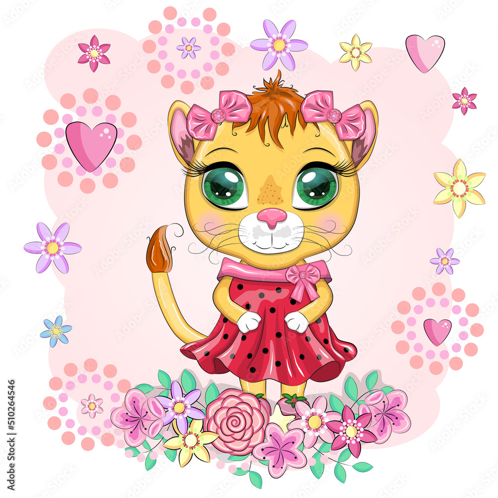 Cartoon lioness in a beautiful dress with bows and flowers. Girl character, wild animal with human traits