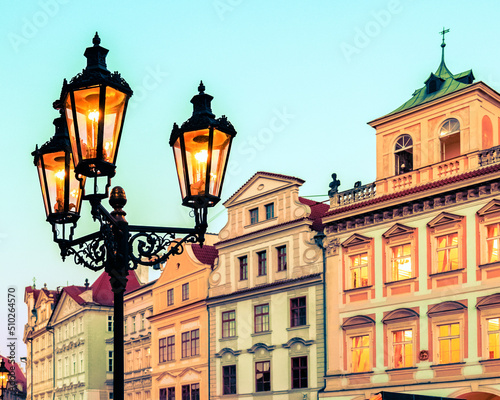 Close-up glowing city lantern on Prague Old Town Square, Czech Republic. Architecture and landmark of Prague.