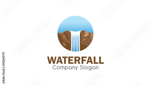Creative Circle Waterfall Hill Peak Vector Logo Design Illustration