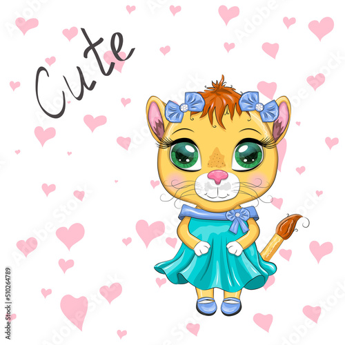 Cartoon lioness in a beautiful dress with bows and flowers. Girl character  wild animal with human traits