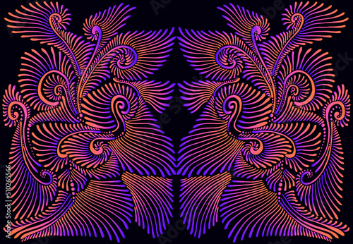 Kaleidoscope  mandala psychedelic trippy texture, bright electric blue, orange gradient color outline, black background.