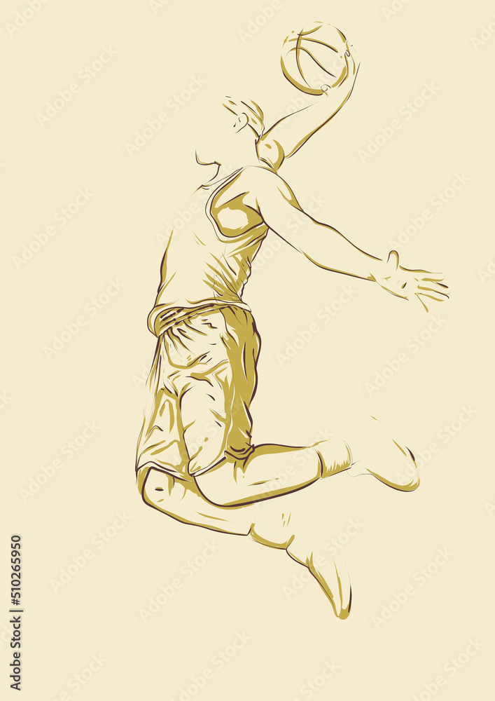 basketball player hold ball and slam dunk jump. unfinished hand drawing