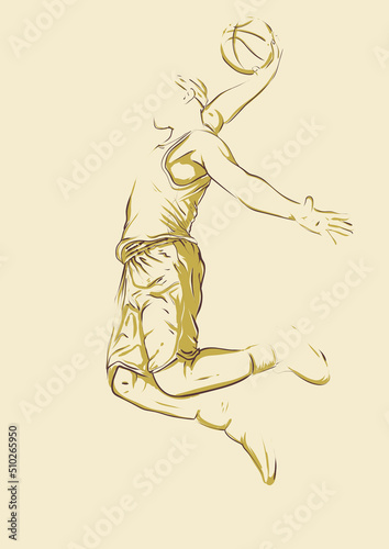 basketball player hold ball and slam dunk jump. unfinished hand drawing sketch style vector illustration. for announcement poster, presentation nand advertisement.