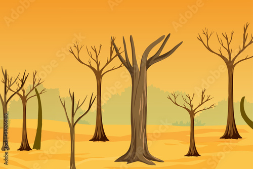 Dryland background with dead tree logs vector. Cutting trees and drought problem concept with dry yellow lands. The jungle turned into a desert for the greenhouse effect and global warming.