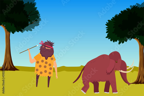Caveman hunting a mammoth with a spear in a jungle vector. Prehistoric caveman hunting and food habit concept illustration. Cave-dweller with a long spear, killing mammoth for food.