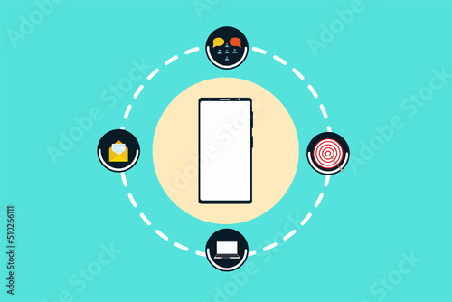 Social media marketing with a smartphone vector. Smartphone facilities with email, social networking, messaging system, etc. Digital marketing system with a mobile phone and laptop icons.